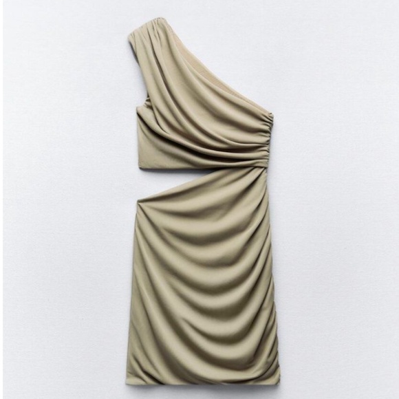 Zara Dresses & Skirts - Zara Khaki and Gold Ruched Dress (NWOT)